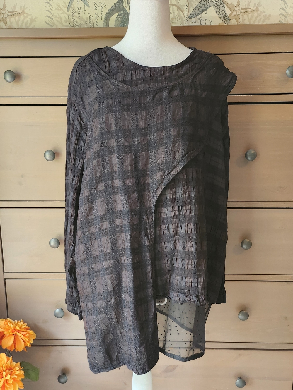 Vintage Route Lagenlook Black Plaid Layered Long-Sleeve Tunic Women's Size L